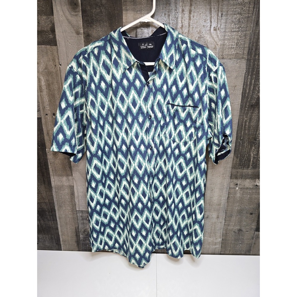 Public Record Men Button Up Shirt 3XL Blue Diamond  Allover Print